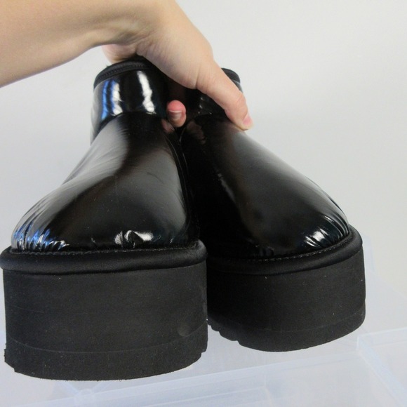 UGG Plush Platform Ankle Boots Women 11 Black Wool Mini Ultra Patent Y2K 942 - Picture 9 of 13